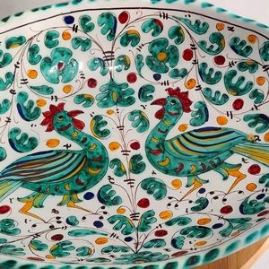 Deruta vintage green rooster hamd painted ceramic plate.